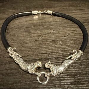 Rare SERGIO BUSTAMANTE Vtg. Two Jaguars Sterling Silver Leather Choker Necklace